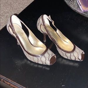 Brown patent trim fabric peekaboo toe heels